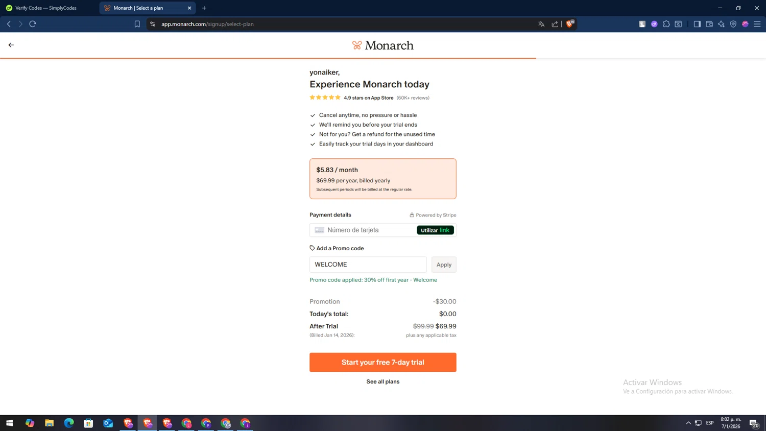 Monarch Money promo code screenshot showing code WELCOME applied at Monarch Money checkout page. Uploaded by SimplyCodes community member TokenSaver1205 on Jan 8, 2026