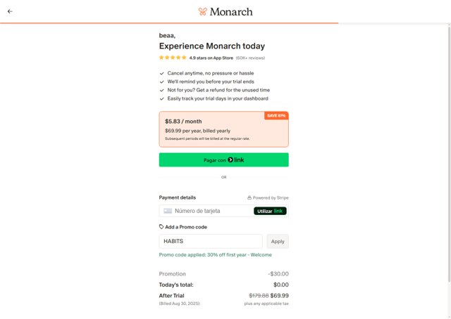 Monarch Money checkout page showing Monarch Money promo code box | Screenshot taken by SimplyCodes community member on Aug 23, 2025