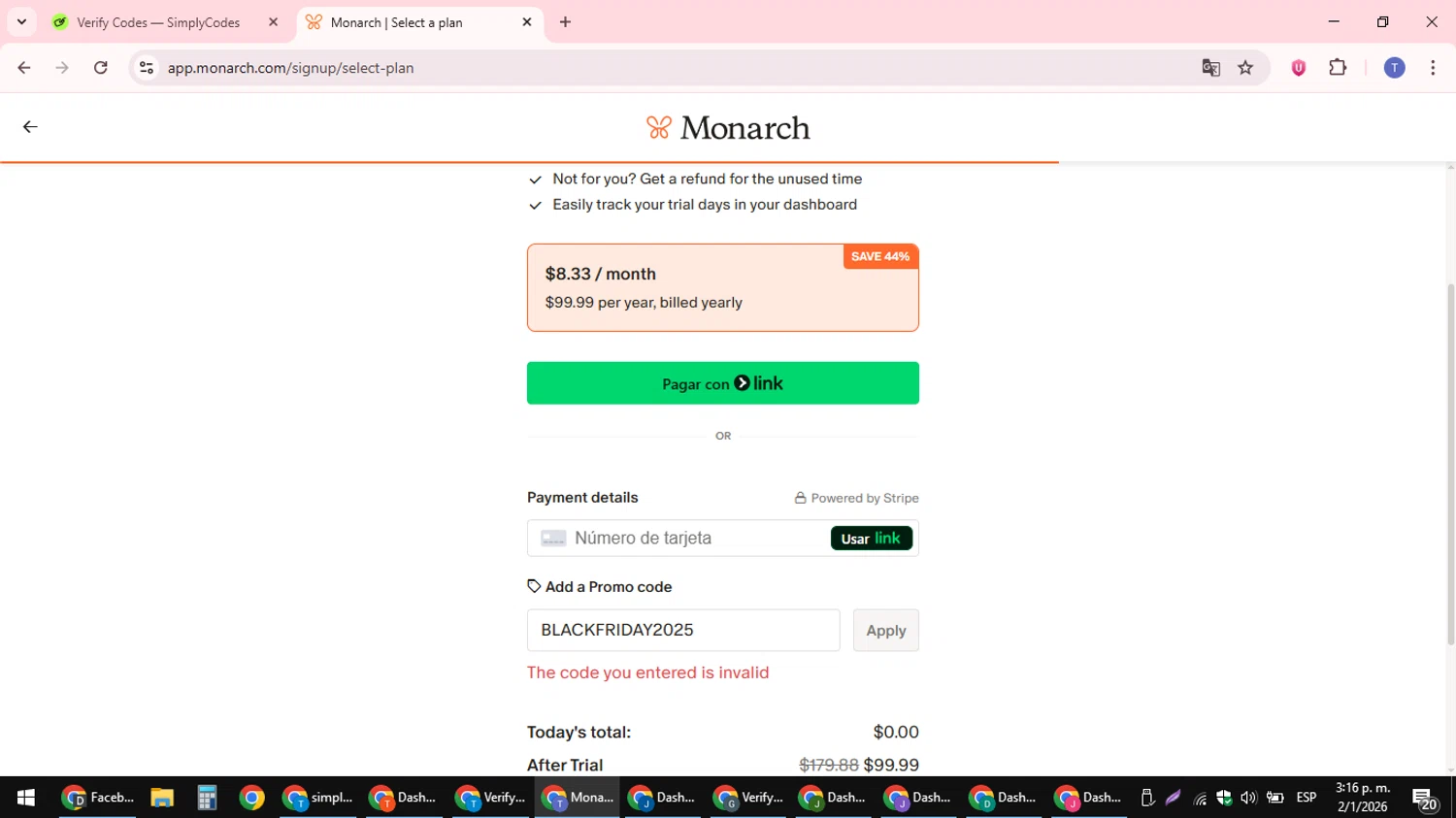 Monarch Money promo code screenshot showing code BLACKFRIDAY2025 applied at Monarch Money checkout page. Uploaded by SimplyCodes community member snidertom8 on Jan 2, 2026
