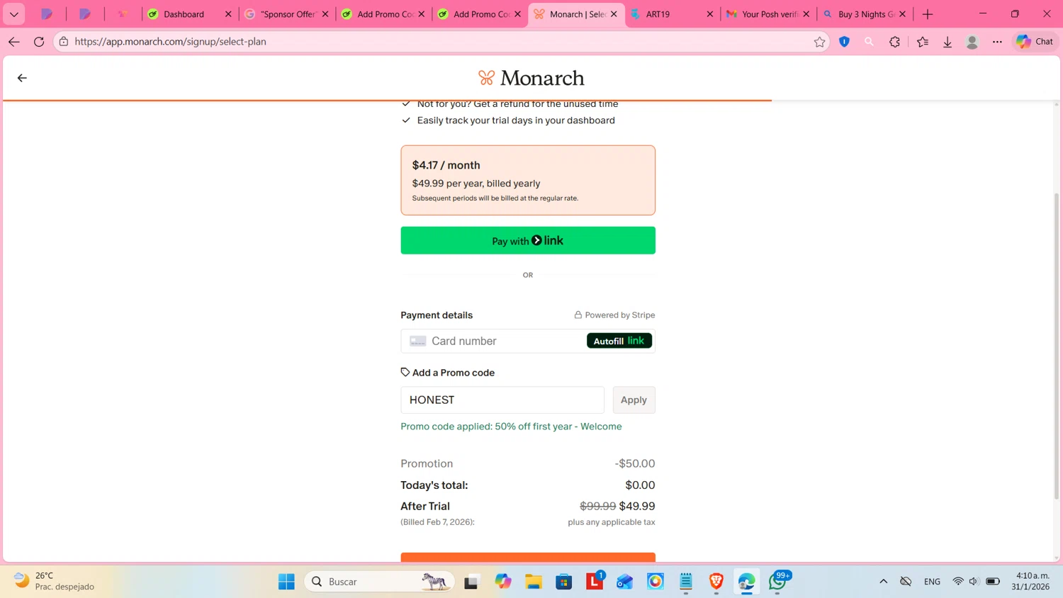 Monarch Money promo code screenshot showing code HONEST applied at Monarch Money checkout page. Uploaded by SimplyCodes community member cosita on Jan 31, 2026