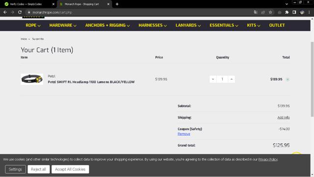 Monarch Rope checkout page showing Monarch Rope promo code box | Screenshot taken by SimplyCodes community member on Jun 28, 2024