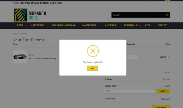 Monarch Rope checkout page showing Monarch Rope promo code box | Screenshot taken by SimplyCodes community member on Aug 25, 2024