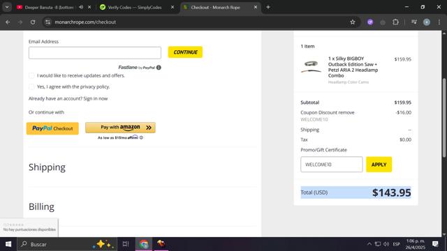 Monarch Rope checkout page showing Monarch Rope promo code box | Screenshot taken by SimplyCodes community member on Apr 26, 2025