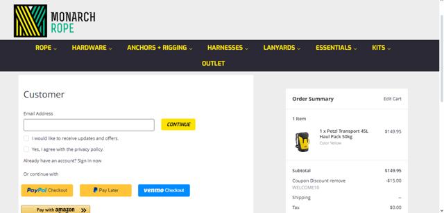 Monarch Rope checkout page showing Monarch Rope promo code box | Screenshot taken by SimplyCodes community member on Jul 4, 2024