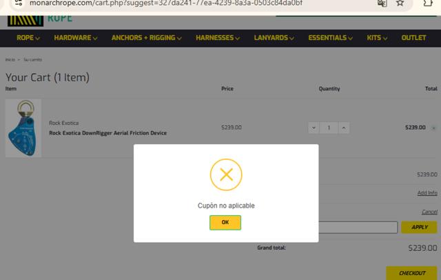 Monarch Rope checkout page showing Monarch Rope promo code box | Screenshot taken by SimplyCodes community member on Feb 13, 2025