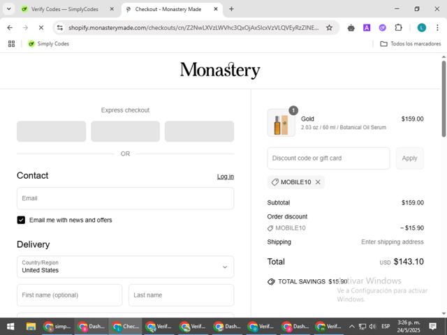 Monastery checkout page showing Monastery coupon code box | Screenshot taken by SimplyCodes community member on May 24, 2025