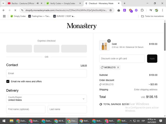 Monastery checkout page showing Monastery coupon code box | Screenshot taken by SimplyCodes community member on May 24, 2025