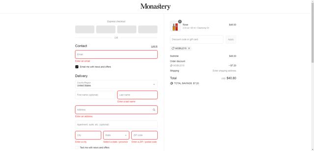 Monastery checkout page showing Monastery coupon code box | Screenshot taken by SimplyCodes community member on Aug 22, 2025