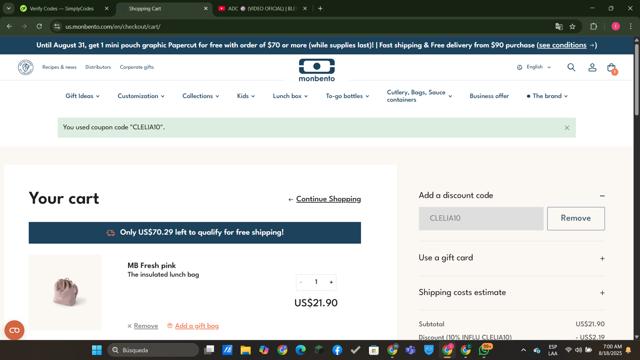 Monbento checkout page showing Monbento discount code box | Screenshot taken by SimplyCodes community member on Aug 18, 2025