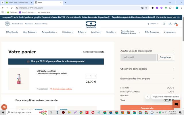 Monbento checkout page showing Monbento discount code box | Screenshot taken by SimplyCodes community member on Aug 22, 2025