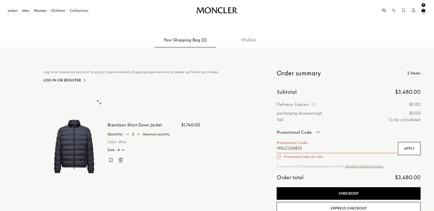 Moncler promo code screenshot showing code WELCOME10 applied at Moncler checkout page. Uploaded by SimplyCodes community member dimitriv on Jul 17, 2025