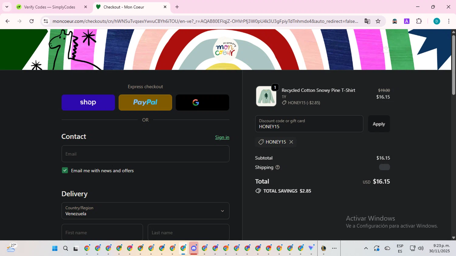Mon Coeur promo code screenshot showing code HONEY15 applied at Mon Coeur checkout page. Uploaded by SimplyCodes community member ShrewdTracker5871 on Dec 1, 2025