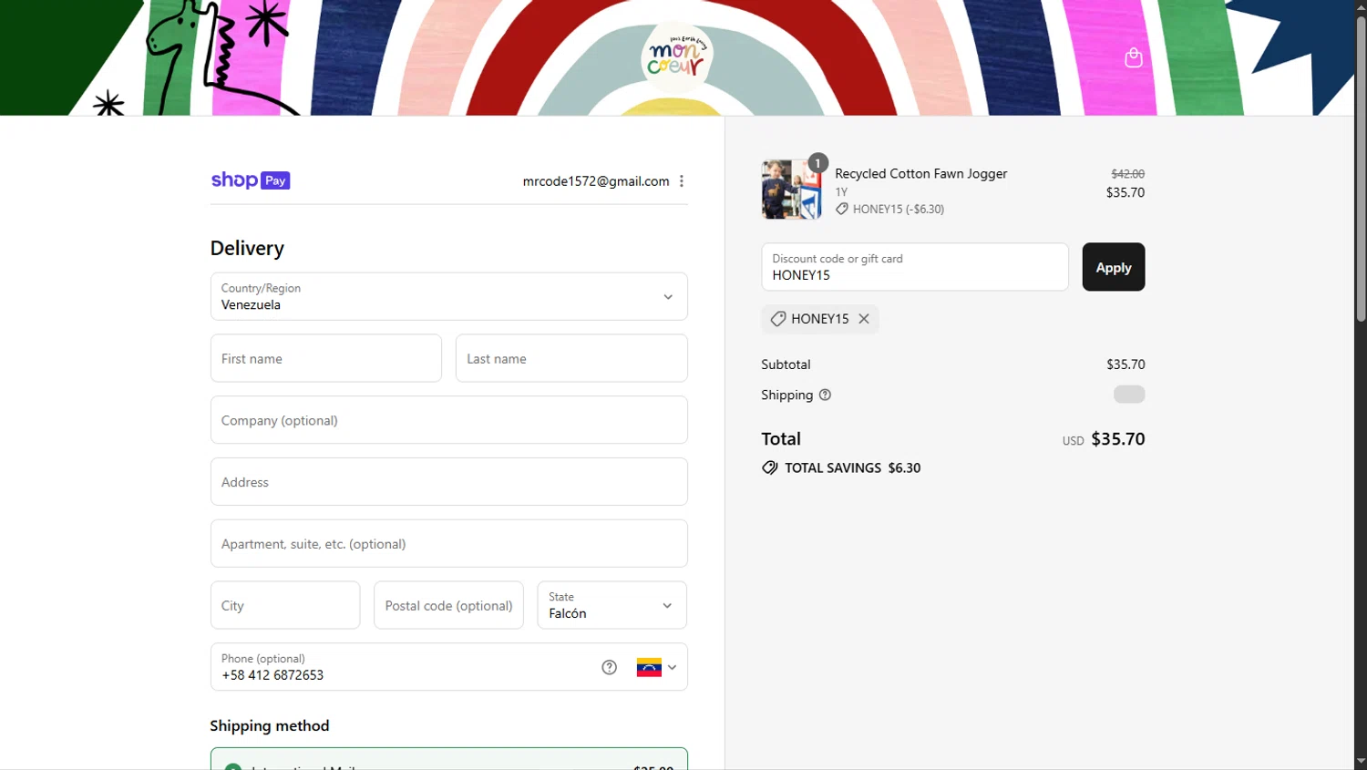 Mon Coeur promo code screenshot showing code HONEY15 applied at Mon Coeur checkout page. Uploaded by SimplyCodes community member TokioMiller on Aug 27, 2025