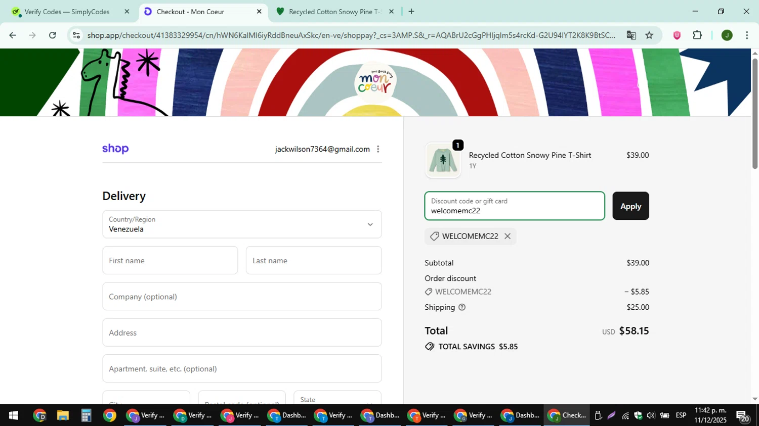 Mon Coeur promo code screenshot showing code welcomemc22 applied at Mon Coeur checkout page. Uploaded by SimplyCodes community member ShieldFinder369 on Dec 12, 2025