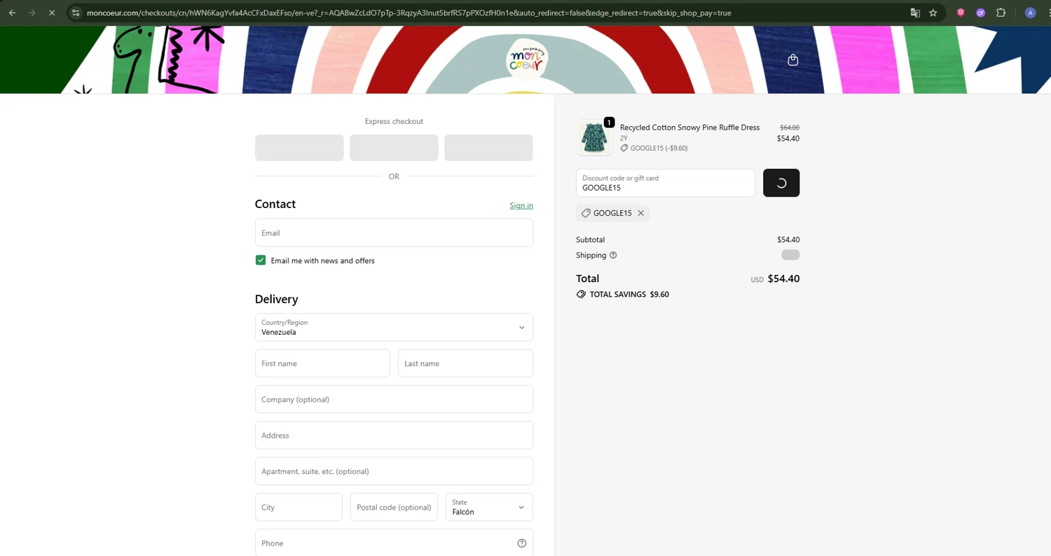 Mon Coeur promo code screenshot showing code GOOGLE15 applied at Mon Coeur checkout page. Uploaded by SimplyCodes community member DealPioneer9231 on Dec 12, 2025