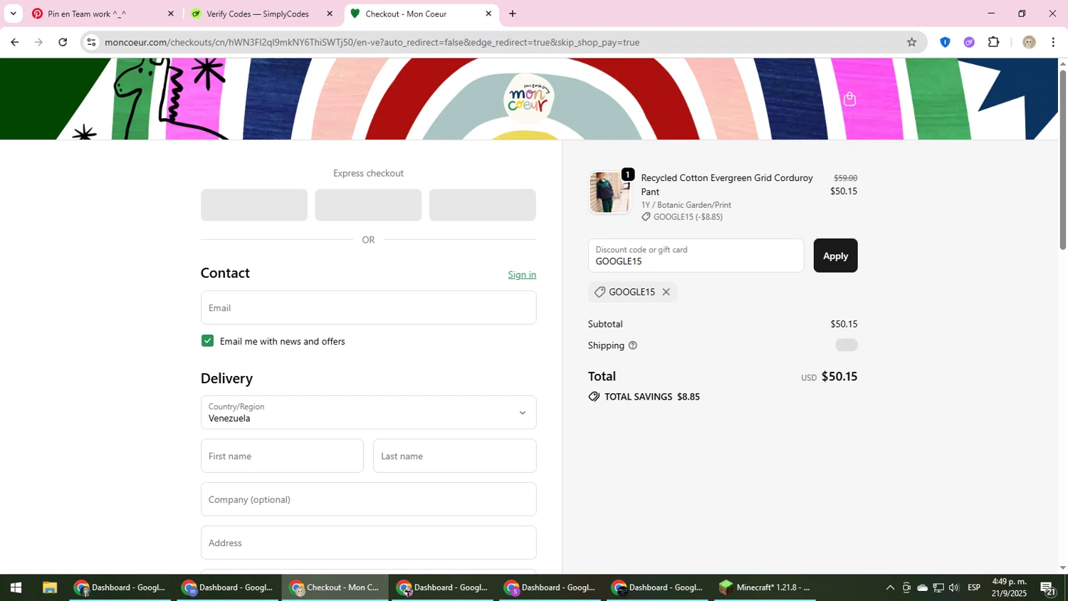 Mon Coeur promo code screenshot showing code GOOGLE15 applied at Mon Coeur checkout page. Uploaded by SimplyCodes community member NobleScholar4826 on Sep 21, 2025
