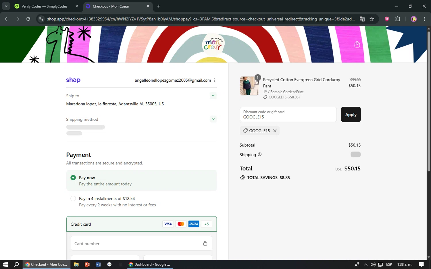 Mon Coeur promo code screenshot showing code GOOGLE15 applied at Mon Coeur checkout page. Uploaded by SimplyCodes community member TreasureShopper9156 on Sep 9, 2025