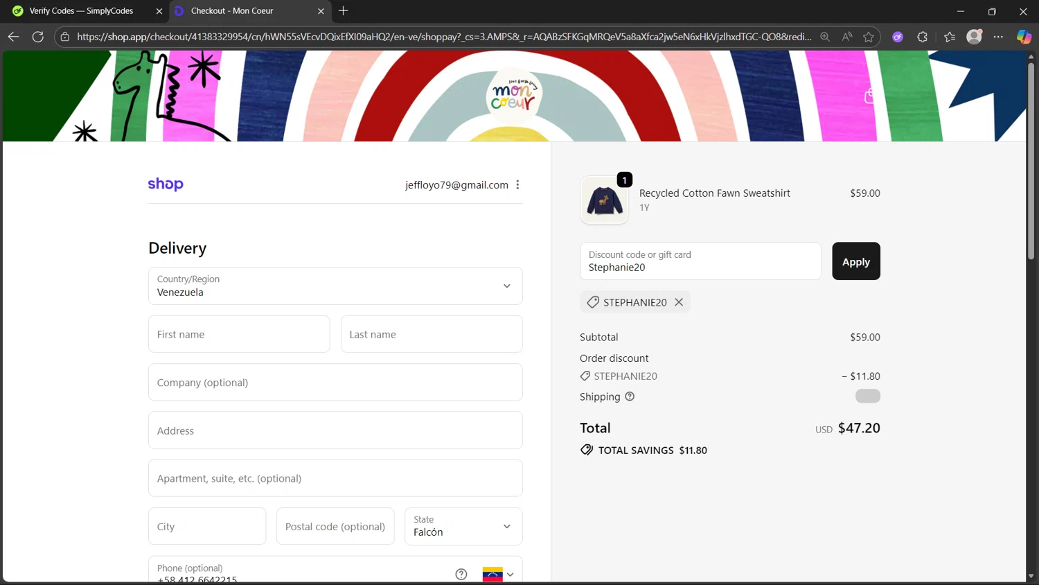 Mon Coeur promo code screenshot showing code Stephanie20 applied at Mon Coeur checkout page. Uploaded by SimplyCodes community member _Flash_ on Nov 9, 2025