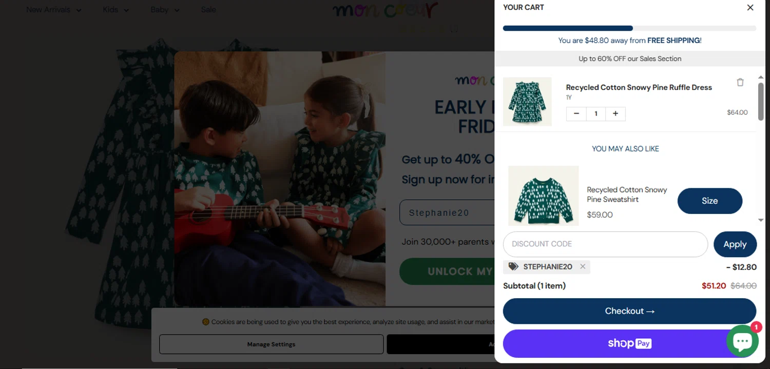 Mon Coeur promo code screenshot showing code Stephanie20 applied at Mon Coeur checkout page. Uploaded by SimplyCodes community member Xiooh292929 on Nov 20, 2025