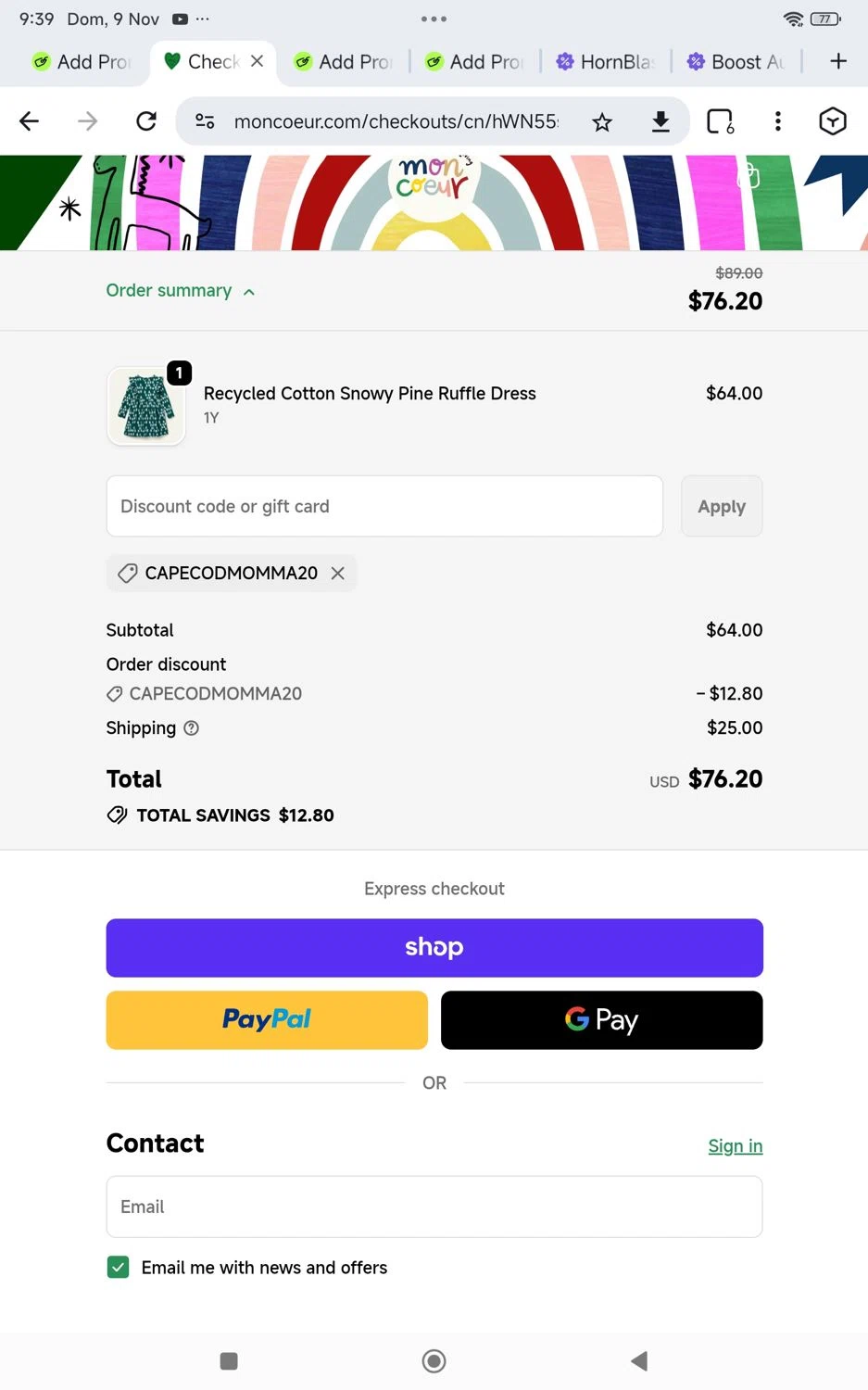 Mon Coeur promo code screenshot showing code CAPECODMOMMA20 applied at Mon Coeur checkout page. Uploaded by SimplyCodes community member KarinaHZ on Nov 9, 2025