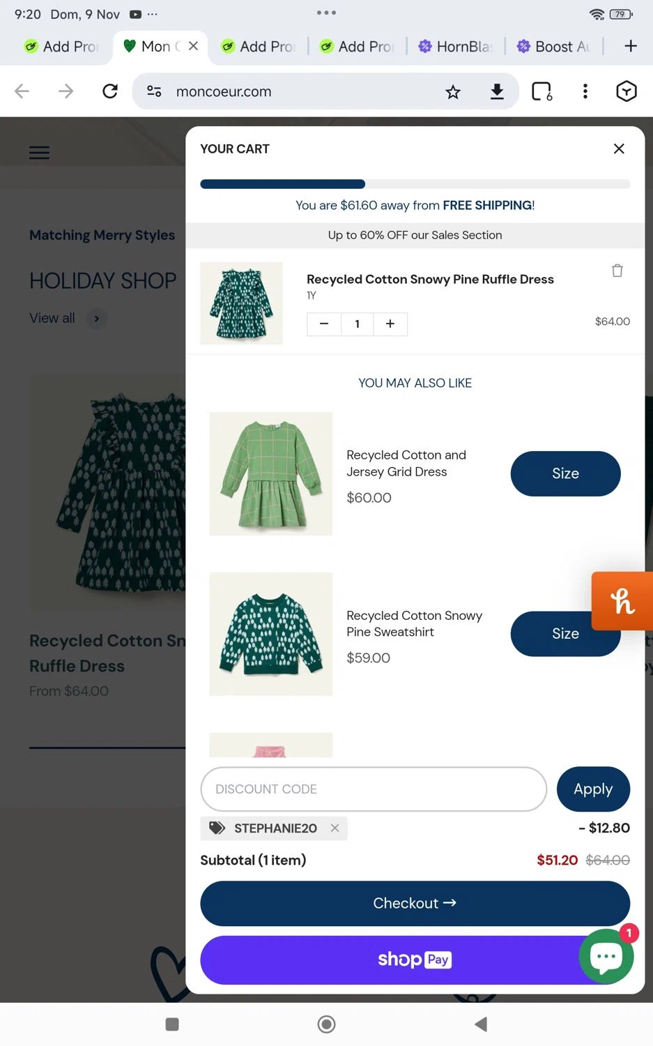 Mon Coeur promo code screenshot showing code Stephanie20 applied at Mon Coeur checkout page. Uploaded by SimplyCodes community member KarinaHZ on Nov 9, 2025