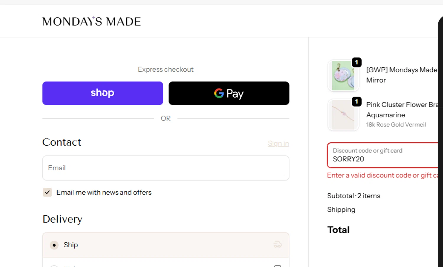 Mondays Made promo code screenshot showing code SORRY20 applied at Mondays Made checkout page. Uploaded by SimplyCodes community member Loki_Odinson on Jan 5, 2026
