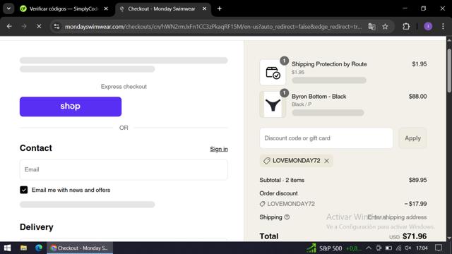 Monday Swimwear checkout page showing Monday Swimwear discount code box | Screenshot taken by SimplyCodes community member on Sep 11, 2025