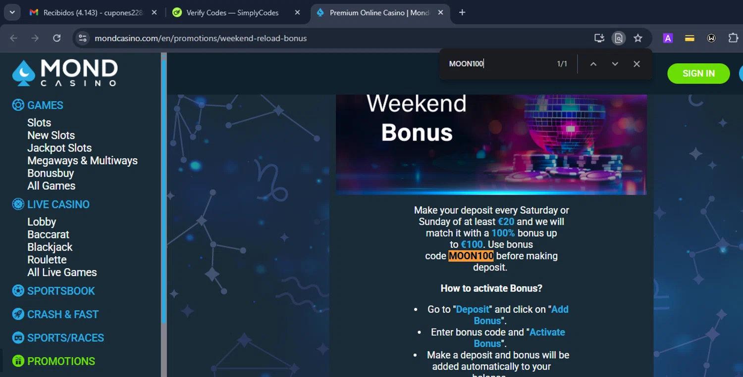 Mond Casino promo code screenshot showing code MOON100 applied at Mond Casino checkout page. Uploaded by SimplyCodes community member Eduard on Nov 14, 2025