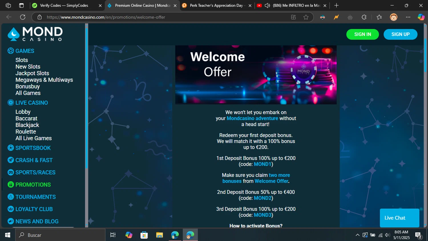 Mond Casino promo code screenshot showing code MOND1 applied at Mond Casino checkout page. Uploaded by SimplyCodes community member Blackleg_Sanji on May 11, 2025