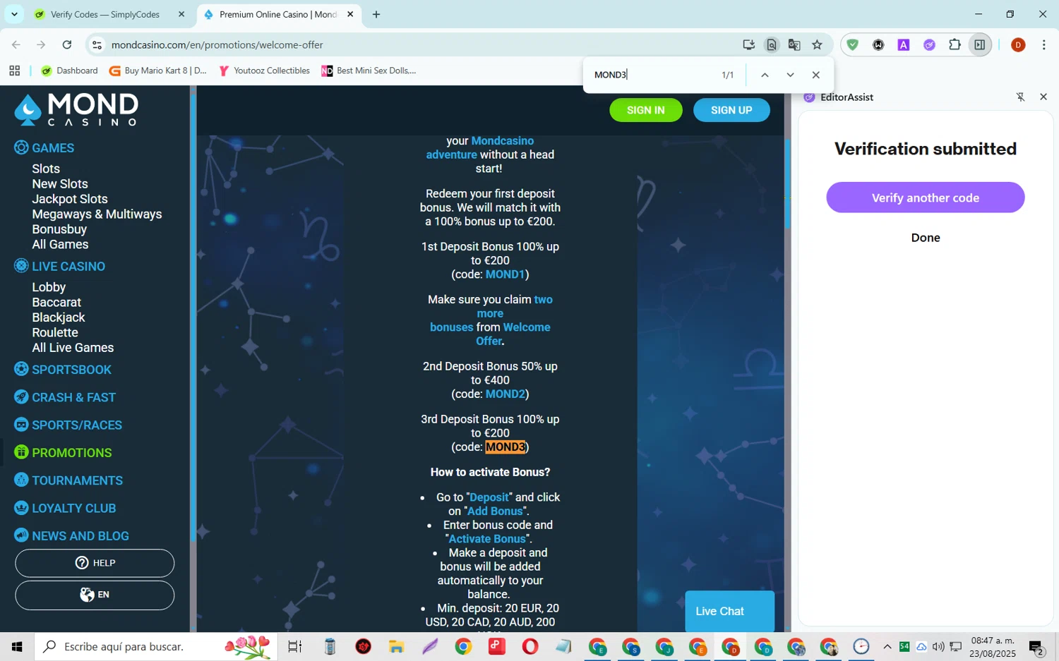 Mond Casino checkout page showing Mond Casino promo code box | Screenshot taken by SimplyCodes community member on Aug 23, 2025