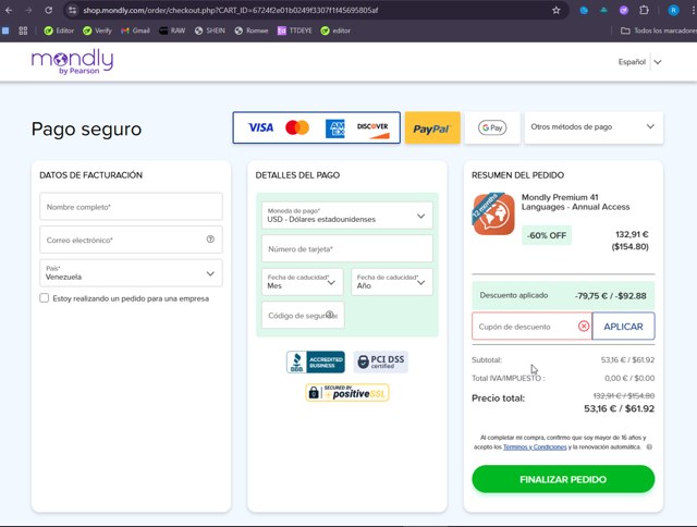 Mondly checkout page showing Mondly promo code box | Screenshot taken by SimplyCodes community member on Sep 5, 2025