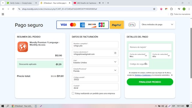 Mondly checkout page showing Mondly promo code box | Screenshot taken by SimplyCodes community member on Aug 11, 2025