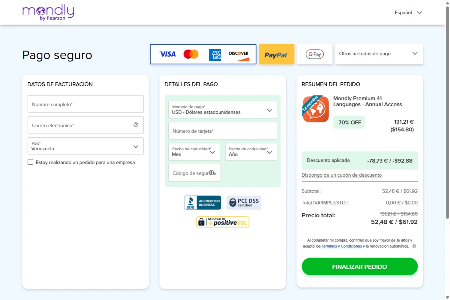 Mondly promo code screenshot showing code THREEFIFTHSYEAR applied at Mondly checkout page. Uploaded by SimplyCodes community member Rossimar on Feb 6, 2026