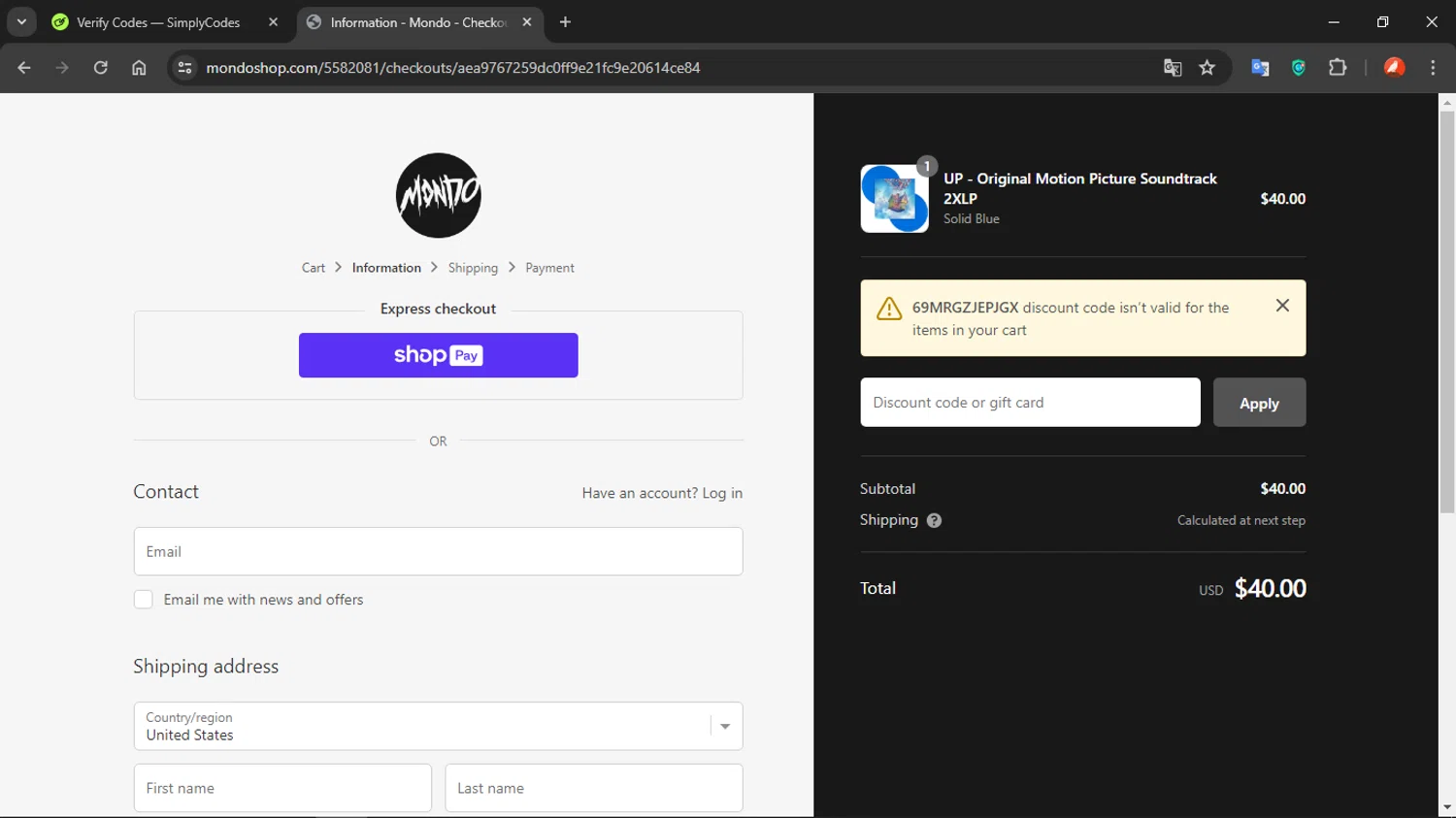 where to use Mondo Shop promo code box