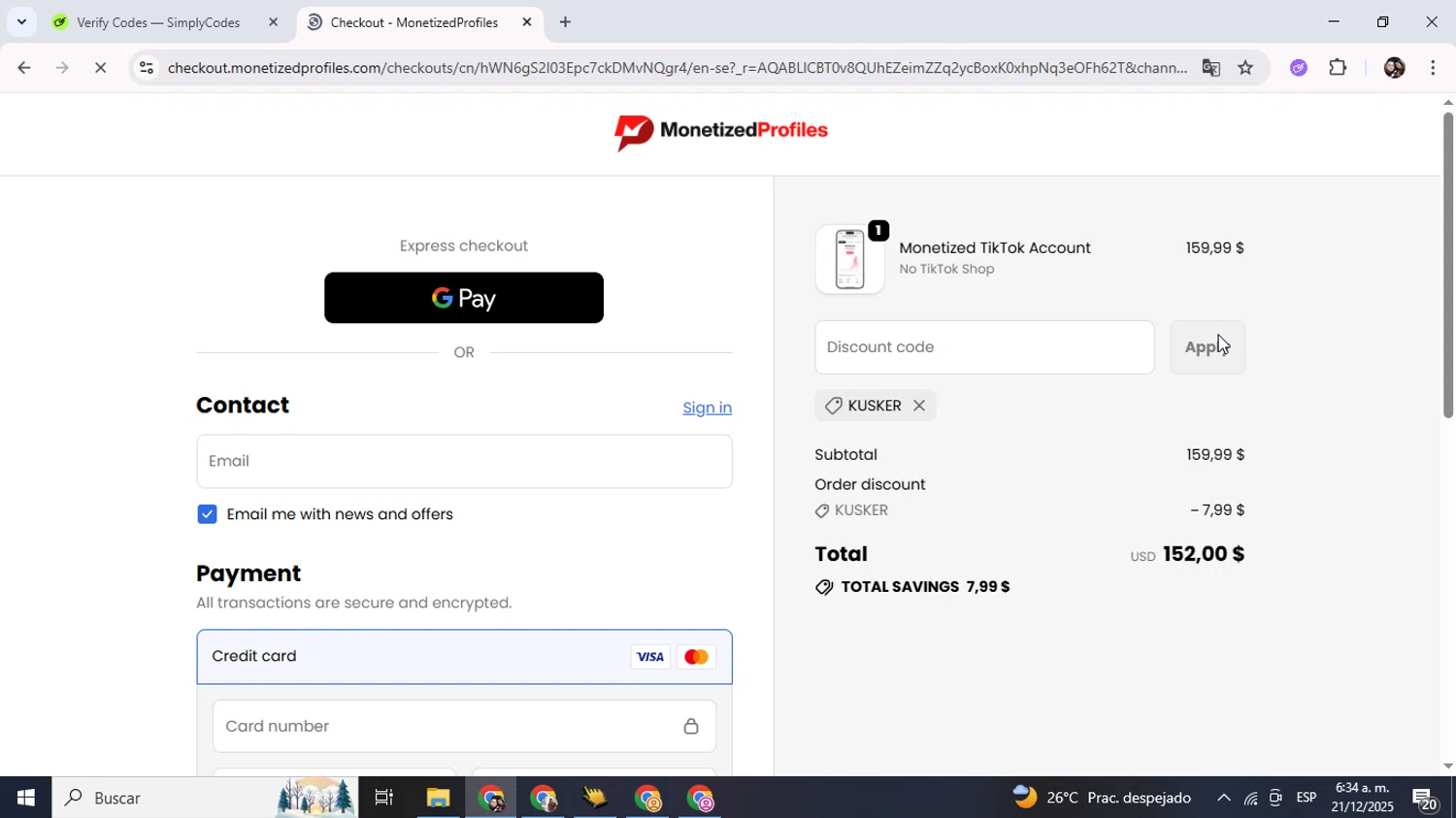 MonetizedProfiles promo code screenshot showing code KUSKER applied at MonetizedProfiles checkout page. Uploaded by SimplyCodes community member Junniorduno on Dec 21, 2025