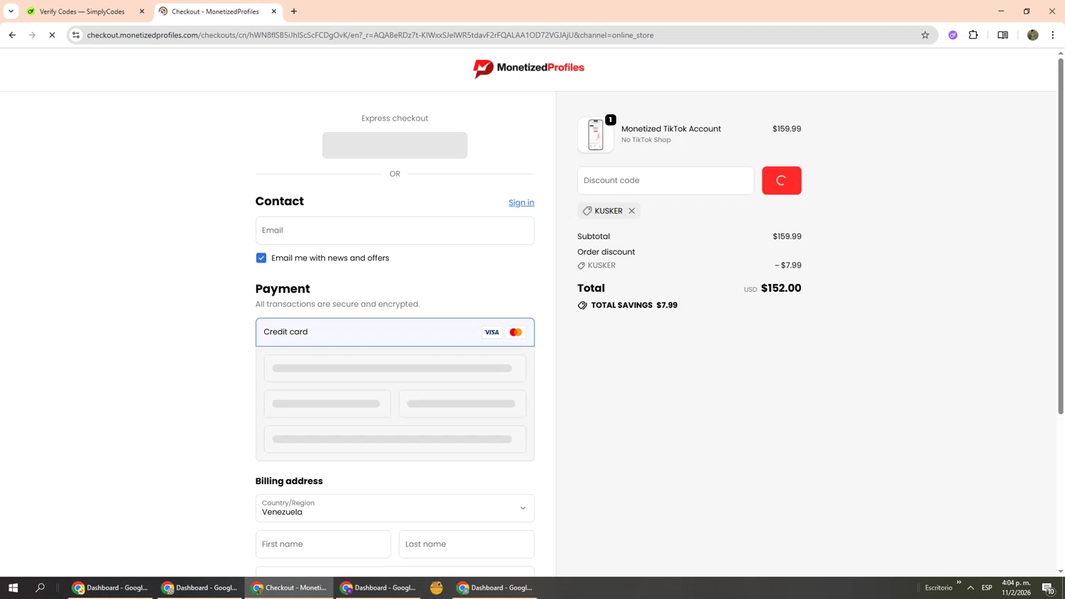 MonetizedProfiles promo code screenshot showing code KUSKER applied at MonetizedProfiles checkout page. Uploaded by SimplyCodes community member Phoenix585 on Feb 11, 2026