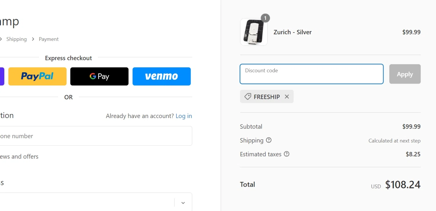 Money Clamp checkout page showing Money Clamp promo code box | Screenshot taken by SimplyCodes community member on Mar 24, 2023