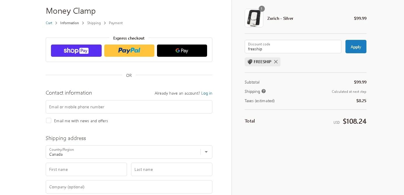 Money Clamp checkout page showing Money Clamp promo code box | Screenshot taken by SimplyCodes community member on Sep 5, 2022