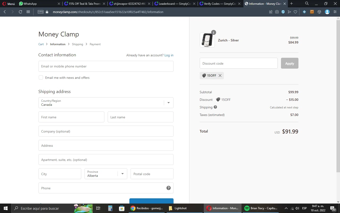 Money Clamp checkout page showing Money Clamp promo code box | Screenshot taken by SimplyCodes community member on Oct 10, 2022