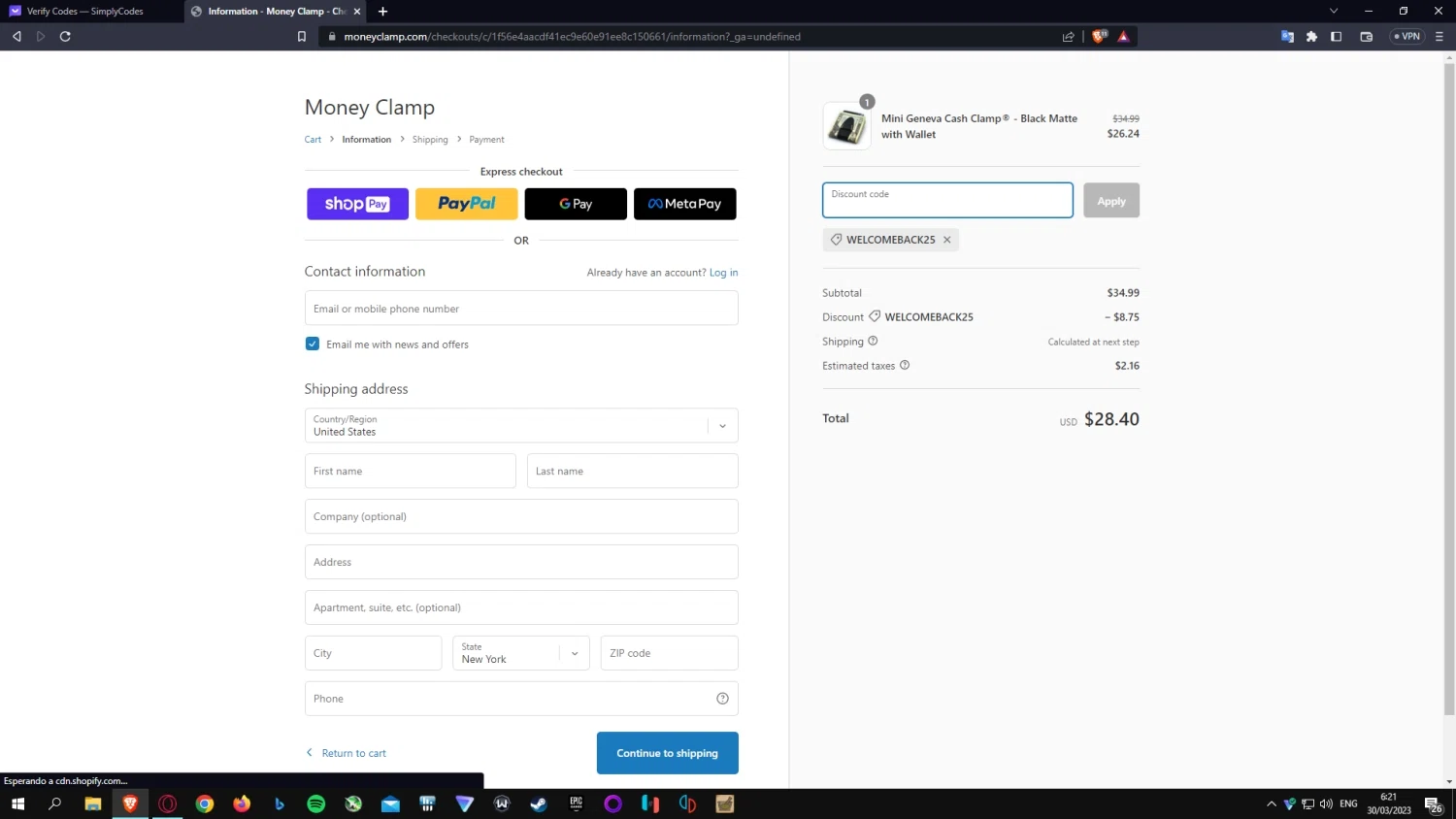 Money Clamp checkout page showing Money Clamp promo code box | Screenshot taken by SimplyCodes community member on Mar 30, 2023
