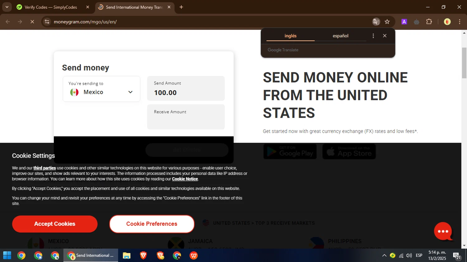 MoneyGram promo code screenshot showing code CYBERMG applied at MoneyGram checkout page. Uploaded by SimplyCodes community member MoneyPilot9165 on Feb 13, 2025
