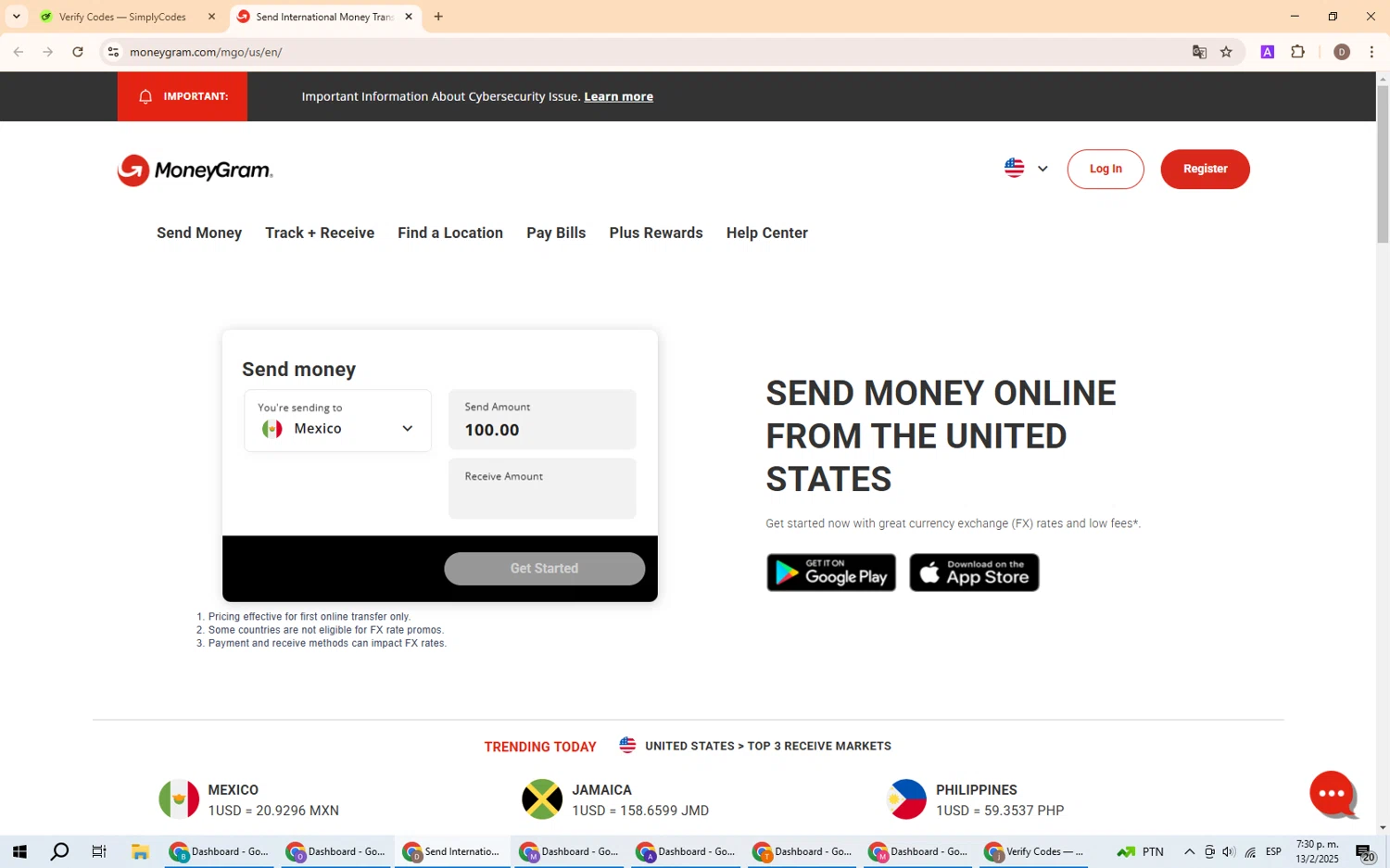 MoneyGram promo code screenshot showing code CYBERMG applied at MoneyGram checkout page. Uploaded by SimplyCodes community member BrilliantWizard8884 on Feb 13, 2025