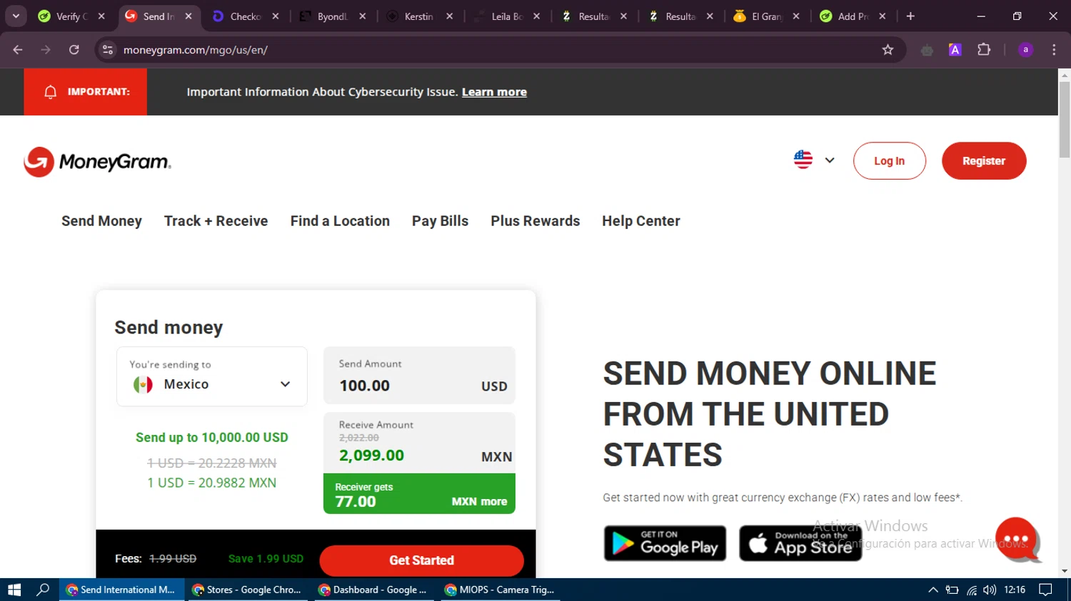 MoneyGram promo code screenshot showing code CYBERMG applied at MoneyGram checkout page. Uploaded by SimplyCodes community member thethru on Feb 13, 2025