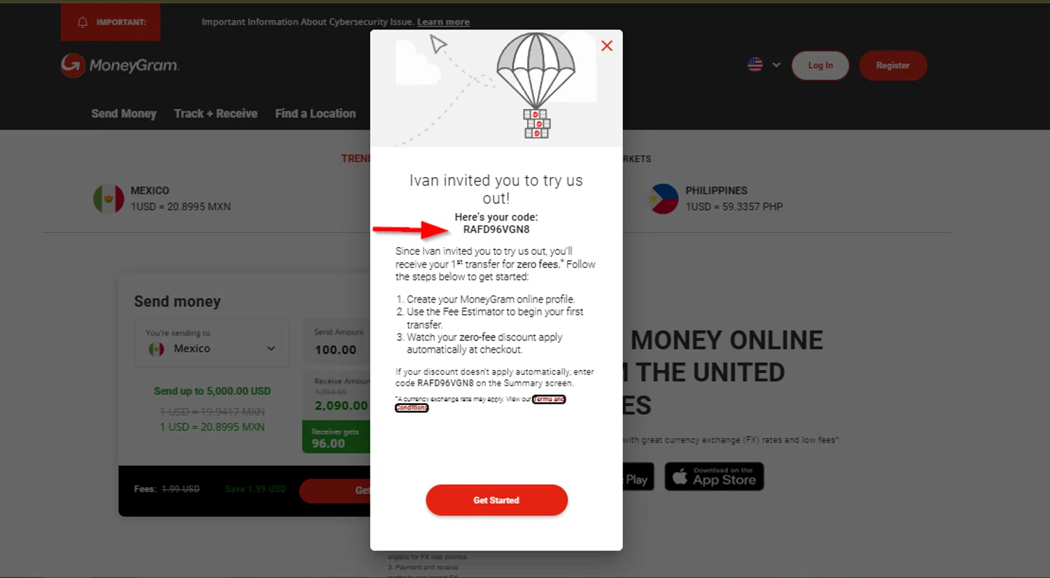 MoneyGram promo code screenshot showing code RAFD96VGN8 applied at MoneyGram checkout page. Uploaded by SimplyCodes community member SimplyCVerlie on Jan 7, 2025