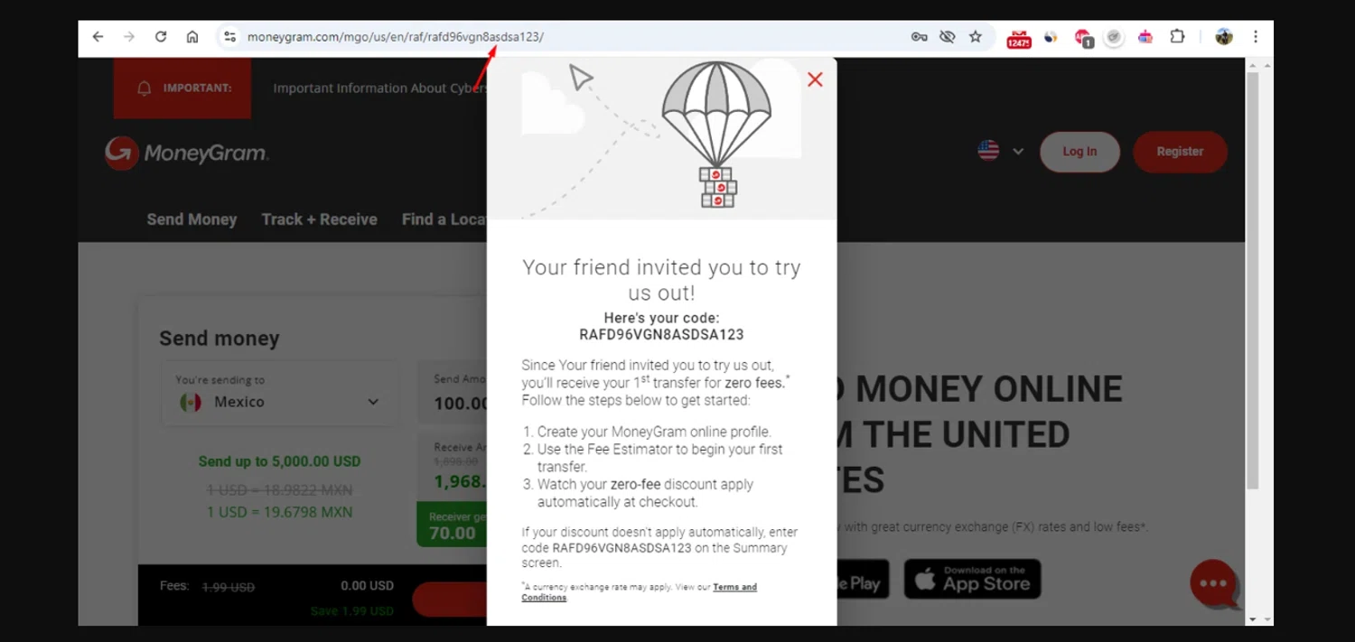 MoneyGram promo code screenshot showing code RAFD96VGN8 applied at MoneyGram checkout page. Uploaded by SimplyCodes community member gonzalodamole on Jan 28, 2025