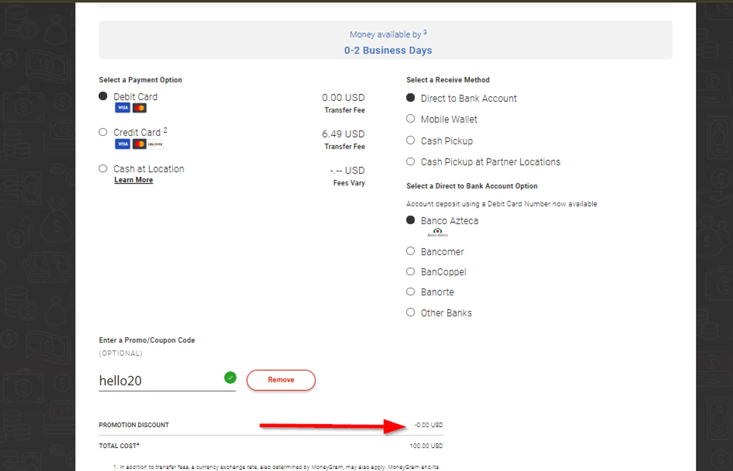 MoneyGram promo code screenshot showing code hello20 applied at MoneyGram checkout page. Uploaded by SimplyCodes community member SimplyCVerlie on Jan 3, 2025