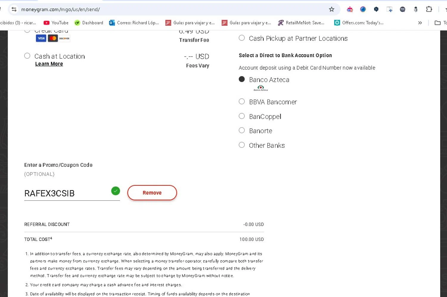 MoneyGram checkout page showing MoneyGram promo code box | Screenshot taken by SimplyCodes community member on Mar 2, 2025