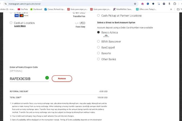MoneyGram checkout page showing MoneyGram promo code box | Screenshot taken by SimplyCodes community member on Mar 2, 2025