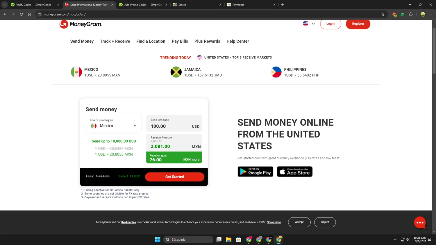 MoneyGram checkout page showing MoneyGram promo code box | Screenshot taken by SimplyCodes community member on Mar 6, 2025
