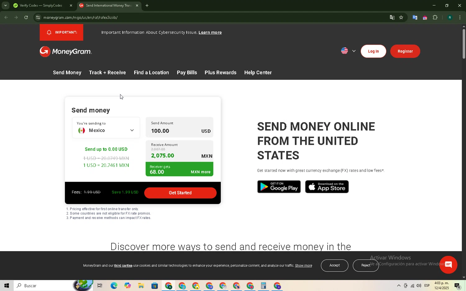 MoneyGram promo code screenshot showing code RAFEX3CSIB applied at MoneyGram checkout page. Uploaded by SimplyCodes community member Shelby_T on Apr 12, 2025